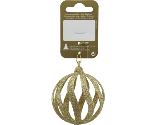 Glitzernder goldener Christbaumschmuck in offener Kugelform an einer Kartonverpackung mit Geroma Logo.