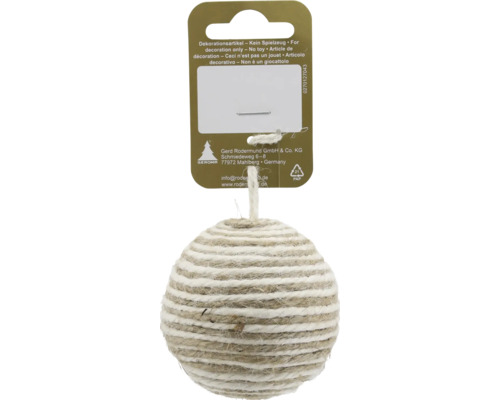 Dekorative Weihnachtskugel aus Jute und weißem Seil mit Schlaufe zum Aufhängen.