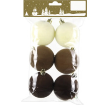 Set mit 6 Weihnachtskugeln mit Samtoberfläche in verschiedenen Brauntönen und Creme, verpackt im Beutel.