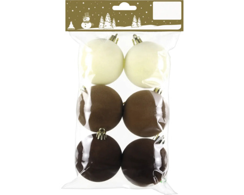 Set mit 6 Weihnachtskugeln mit Samtoberfläche in verschiedenen Brauntönen und Creme, verpackt im Beutel.