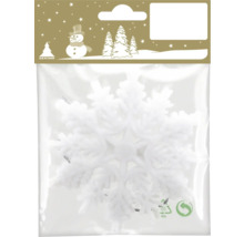 Weiße Schneeflocke als Weihnachtsdekoration in einer Klarsichtverpackung mit dem Geroma Logo und Wintermotiven.