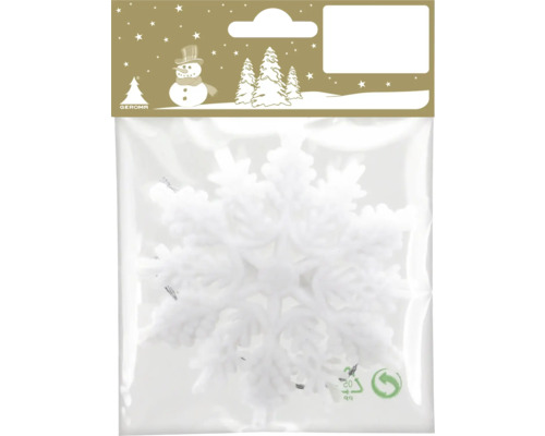 Weiße Schneeflocke als Weihnachtsdekoration in einer Klarsichtverpackung mit dem Geroma Logo und Wintermotiven.