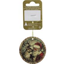 Runder Weihnachtsanhänger mit Weihnachtsmann und Rentier im Vintage-Stil.
