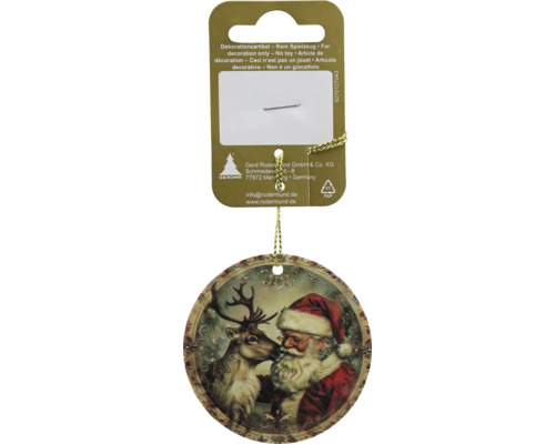 Runder Weihnachtsanhänger mit Weihnachtsmann und Rentier im Vintage-Stil.