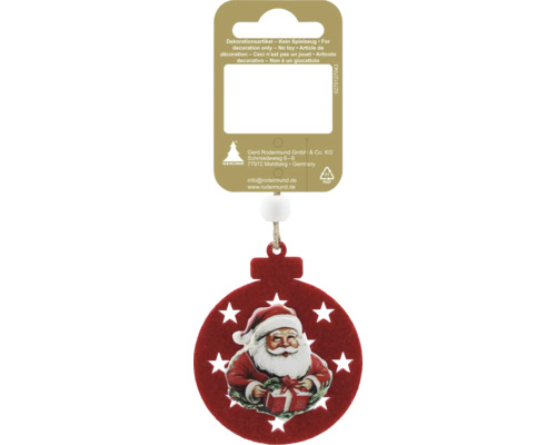 Weihnachtsanhänger aus rotem Filz mit Weihnachtsmann-Motiv und ausgesparten Sternen inklusive Aufhänger.