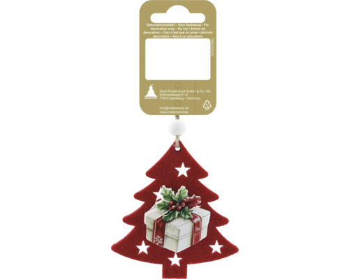 Roter Weihnachtsanhänger aus Filz in Form eines Tannenbaums mit einem Geschenk-Motiv und weißen Sternen.