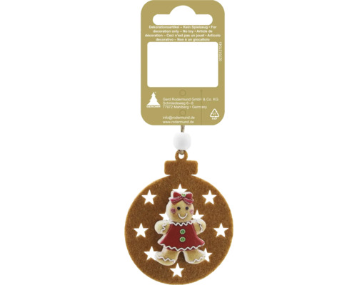 Weihnachtsbaum-Anhänger mit Lebkuchenmädchen-Figur auf einem braunen Filzkreis mit Sternenausschnitten.