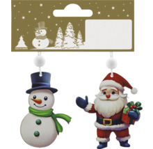 Geroma Weihnachtsdekoration mit einem Schneemann mit Zylinder und grünem Schal sowie einem Weihnachtsmann mit einem Geschenk. Geroma Logo.