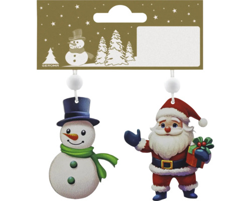 Geroma Weihnachtsdekoration mit einem Schneemann mit Zylinder und grünem Schal sowie einem Weihnachtsmann mit einem Geschenk. Geroma Logo.