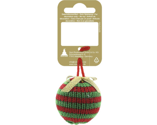 Gestreifte Weihnachtskugel aus Strick in Rot und Grün mit goldener Schleife und roter Aufhängeschlaufe.
