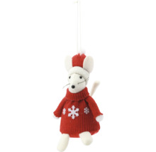 Weihnachtsanhänger Maus aus Stoff mit rotem Strickpullover mit Schneeflocken und Weihnachtsmütze.