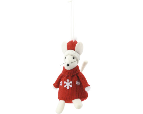 Weihnachtsanhänger Maus aus Stoff mit rotem Strickpullover mit Schneeflocken und Weihnachtsmütze.
