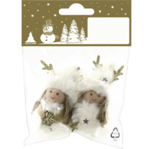 Zwei dekorative Weihnachtsfiguren mit Geweih und flauschiger Kleidung in einer Verpackung, Geroma Logo.