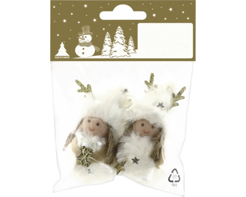 Zwei dekorative Weihnachtsfiguren mit Geweih und flauschiger Kleidung in einer Verpackung, Geroma Logo.