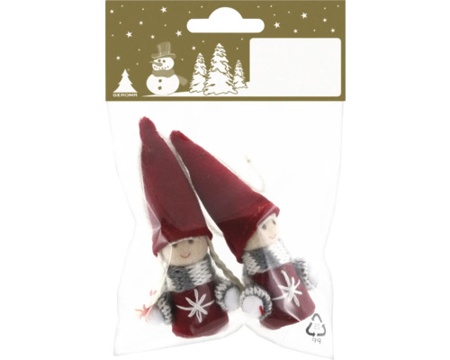 Zwei kleine Weihnachtswichtel mit roten Zipfelmützen und grauem Strickoutfit in einer Klarsichtverpackung. Geroma Logo.