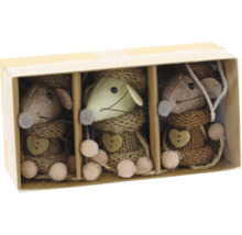 Set aus drei dekorativen Mäusen aus Filz und Strick in einer Aufbewahrungsbox mit Herzknöpfen aus Holz.