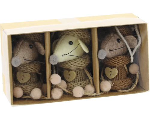 Set aus drei dekorativen Mäusen aus Filz und Strick in einer Aufbewahrungsbox mit Herzknöpfen aus Holz.
