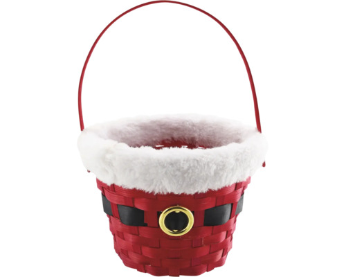 Geflochtener Weihnachtskorb im Weihnachtsmann-Design mit Henkel, weißem Plüschrand und schwarzem Gürtel mit goldener Schnalle.