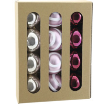 Set aus 12 Weihnachtskugeln aus Glas mit Spiralmuster in Silber und Pink in einer Pappschachtel.