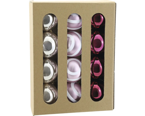 Set aus 12 Weihnachtskugeln aus Glas mit Spiralmuster in Silber und Pink in einer Pappschachtel.