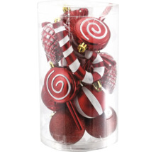 Weihnachtsanhänger-Set in Rot und Weiß mit Lutschern, Zuckerstangen, Zapfen und Kugeln in einer transparenten Dose.