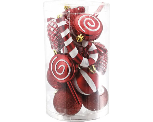 Weihnachtsanhänger-Set in Rot und Weiß mit Lutschern, Zuckerstangen, Zapfen und Kugeln in einer transparenten Dose.