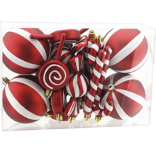 Christbaumschmuck-Set, rot-weiß gestreift, Kugeln, Zuckerstangen, Lutscher und Bonbons in Klarsichtbox.