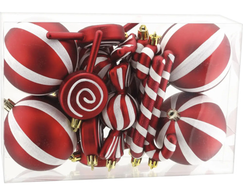 Christbaumschmuck-Set, rot-weiß gestreift, Kugeln, Zuckerstangen, Lutscher und Bonbons in Klarsichtbox.