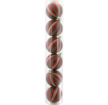 Sechs Christbaumkugeln mit rot, grün und gold glitzernden Streifen in einer transparenten Zylinderverpackung.