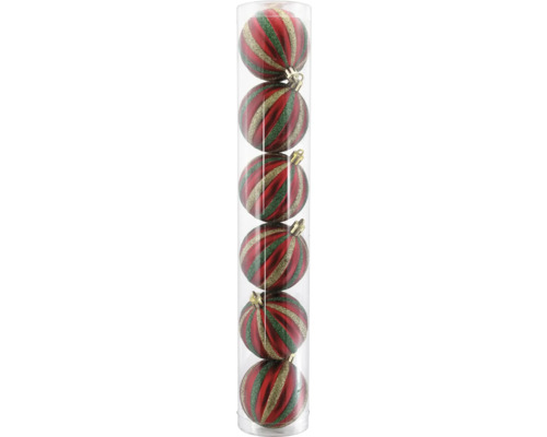 Sechs Christbaumkugeln mit rot, grün und gold glitzernden Streifen in einer transparenten Zylinderverpackung.