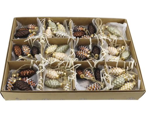 Christbaumschmuck aus Glas in Zapfenform, 36 Stück, verschiedene Farben, in einer Pappschachtel mit Fächern.