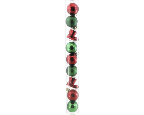 Set Weihnachtsbaumschmuck in einer Klarsichtbox mit roten und grünen Christbaumkugeln sowie roten Weihnachtsstiefeln.
