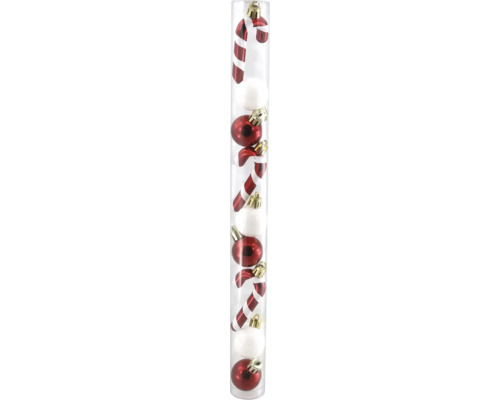 Weihnachtsbaumschmuck Set bestehend aus Zuckerstangen und Kugeln in rot und weiß in einer transparenten Röhre.