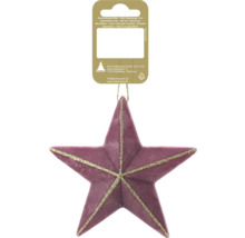 Violetter Weihnachtsstern aus Samt mit goldenen Glitzerstreifen und Kordel zum Aufhängen.