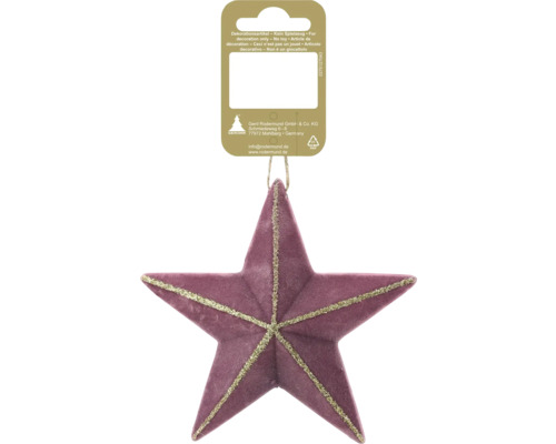 Violetter Weihnachtsstern aus Samt mit goldenen Glitzerstreifen und Kordel zum Aufhängen.
