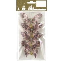 Vier rosa dekorative Schmetterlinge zum Anclippen mit Glitzer und Perlen für Weihnachtsdekorationen, GEROMA Logo auf der Verpackung.