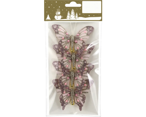 Vier rosa dekorative Schmetterlinge zum Anclippen mit Glitzer und Perlen für Weihnachtsdekorationen, GEROMA Logo auf der Verpackung.