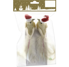 Weihnachtsdekoration Vögel im 2er-Set mit Glitzer, Weihnachtsmützen und langen weißen Federn, Geroma Logo.