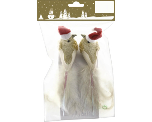 Weihnachtsdekoration Vögel im 2er-Set mit Glitzer, Weihnachtsmützen und langen weißen Federn, Geroma Logo.