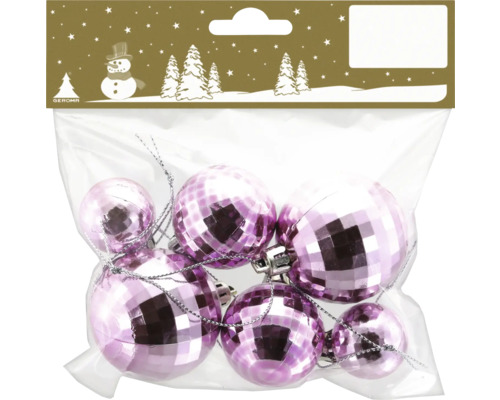 Lilafarbene Weihnachtskugeln mit facettiertem Discokugel-Design in einer Packung.