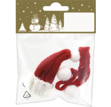 Miniatur-Strickmützen im Weihnachtsmann-Stil in einer transparenten Verpackung mit Geroma Logo.