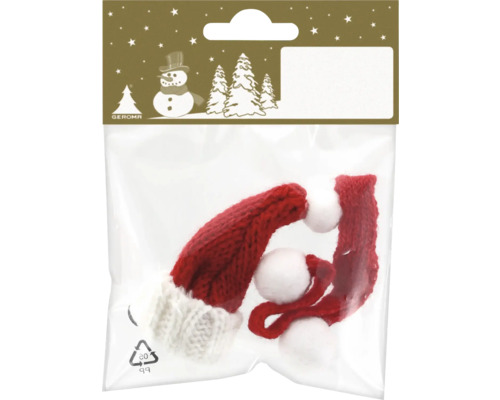 Miniatur-Strickmützen im Weihnachtsmann-Stil in einer transparenten Verpackung mit Geroma Logo.