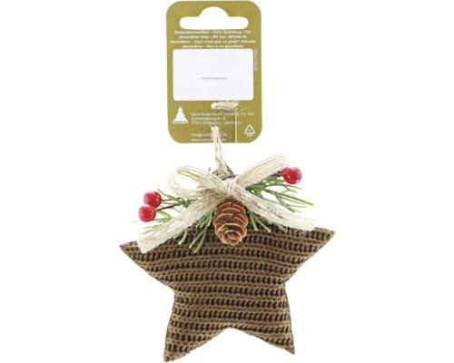Weihnachtsanhänger Stern aus braunem Strick mit Tannenzapfen, roten Beeren und Juteschleife.