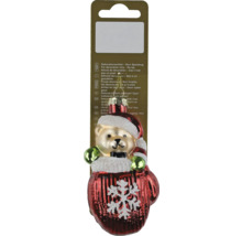 Christbaumschmuck aus Glas, Teddybär mit Weihnachtsmütze in einem roten Fäustling mit weißer Schneeflocke.
