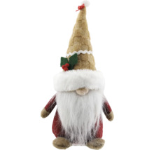 Weihnachtsgnom mit langem weißen Bart, rotem Gewand und beige gemustertem spitzen Hut mit Stechpalmen-Verzierung.