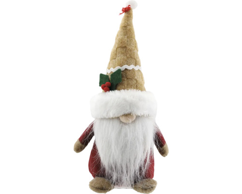 Weihnachtsgnom mit langem weißen Bart, rotem Gewand und beige gemustertem spitzen Hut mit Stechpalmen-Verzierung.