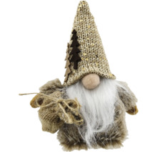 Weihnachtswichtel aus Kunstfell mit weißem Bart, Strickmütze mit Pailletten und Tannenbaum sowie kleinem Jutesack.