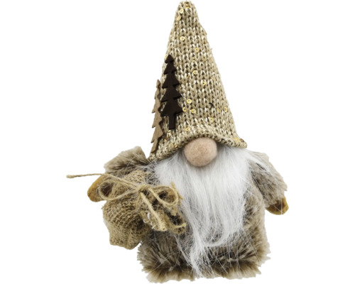 Weihnachtswichtel aus Kunstfell mit weißem Bart, Strickmütze mit Pailletten und Tannenbaum sowie kleinem Jutesack.