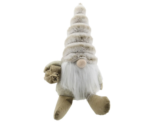 Weihnachts-Wichtel mit langem weißem Bart, hoher Kunstfellmütze und einem kleinen Jutesack.