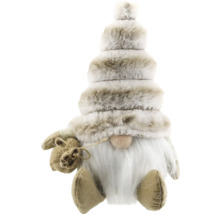 Weihnachtsgnom mit gestuftem Hut aus Kunstfell, langem weißen Bart und kleinem Jutesack.